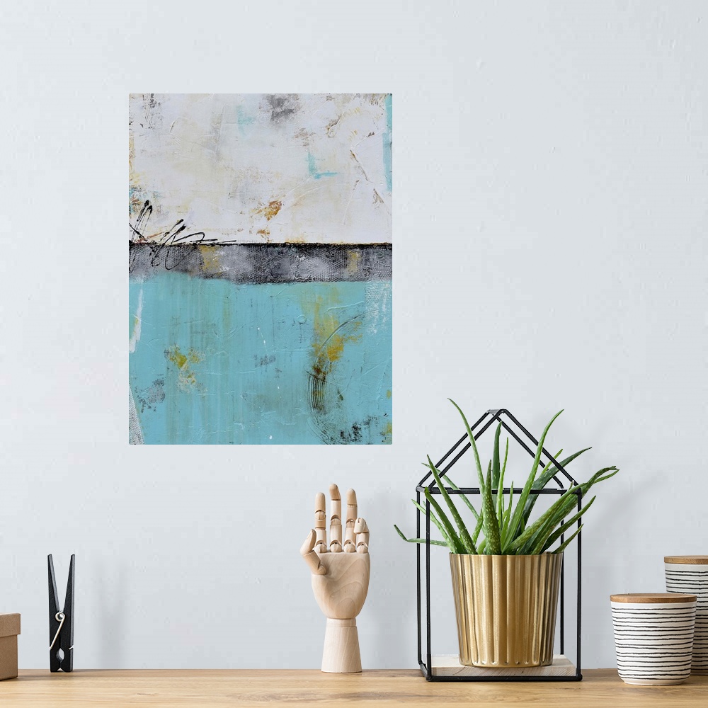 A bohemian room featuring A contemporary abstract painting using a neutral color in the top portion of the image and teal o...