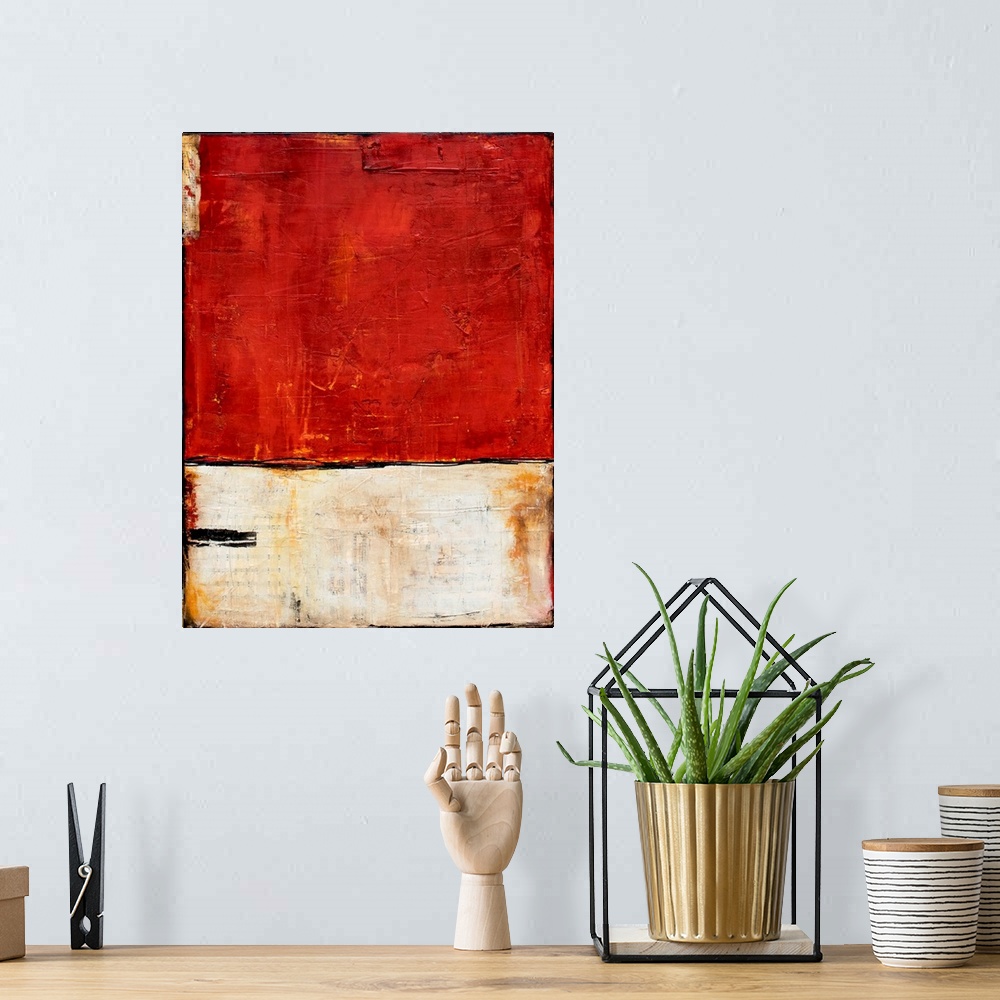 A bohemian room featuring Abstract painting with red and white splitting the painting in half with a thin, black squiggly l...