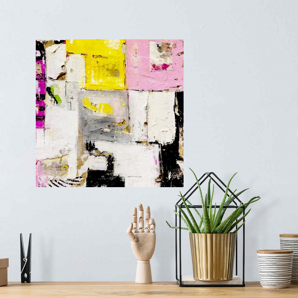 A bohemian room featuring Contemporary abstract painting in a grungy style in pink, yellow, black, and white.
