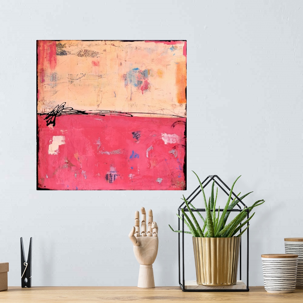 A bohemian room featuring Contemporary abstract painting of a color-field of weathered soft pink and peach.