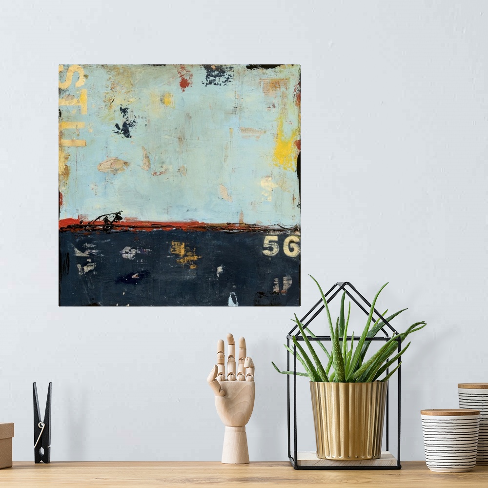 A bohemian room featuring Inspired by dilapidated buildings, this contemporary artwork features torn layers of blue paint w...
