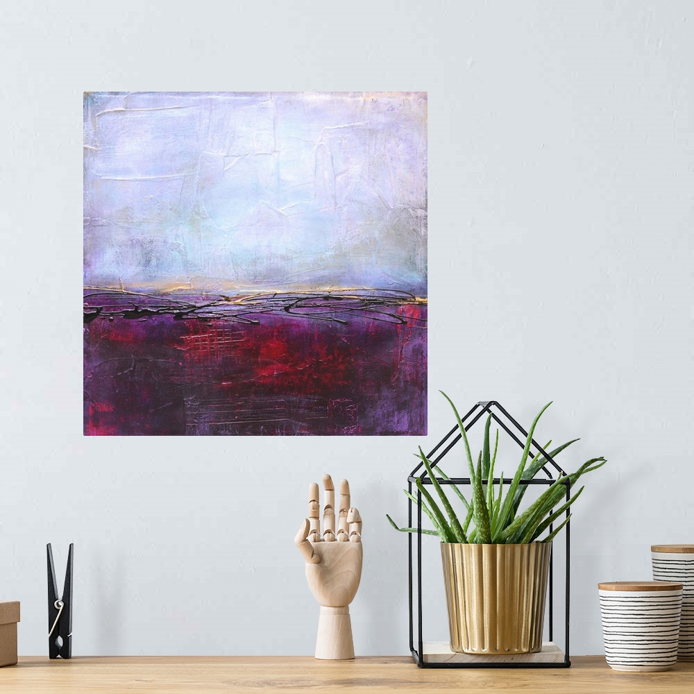 A bohemian room featuring Contemporary abstract painting using deep red and purple.