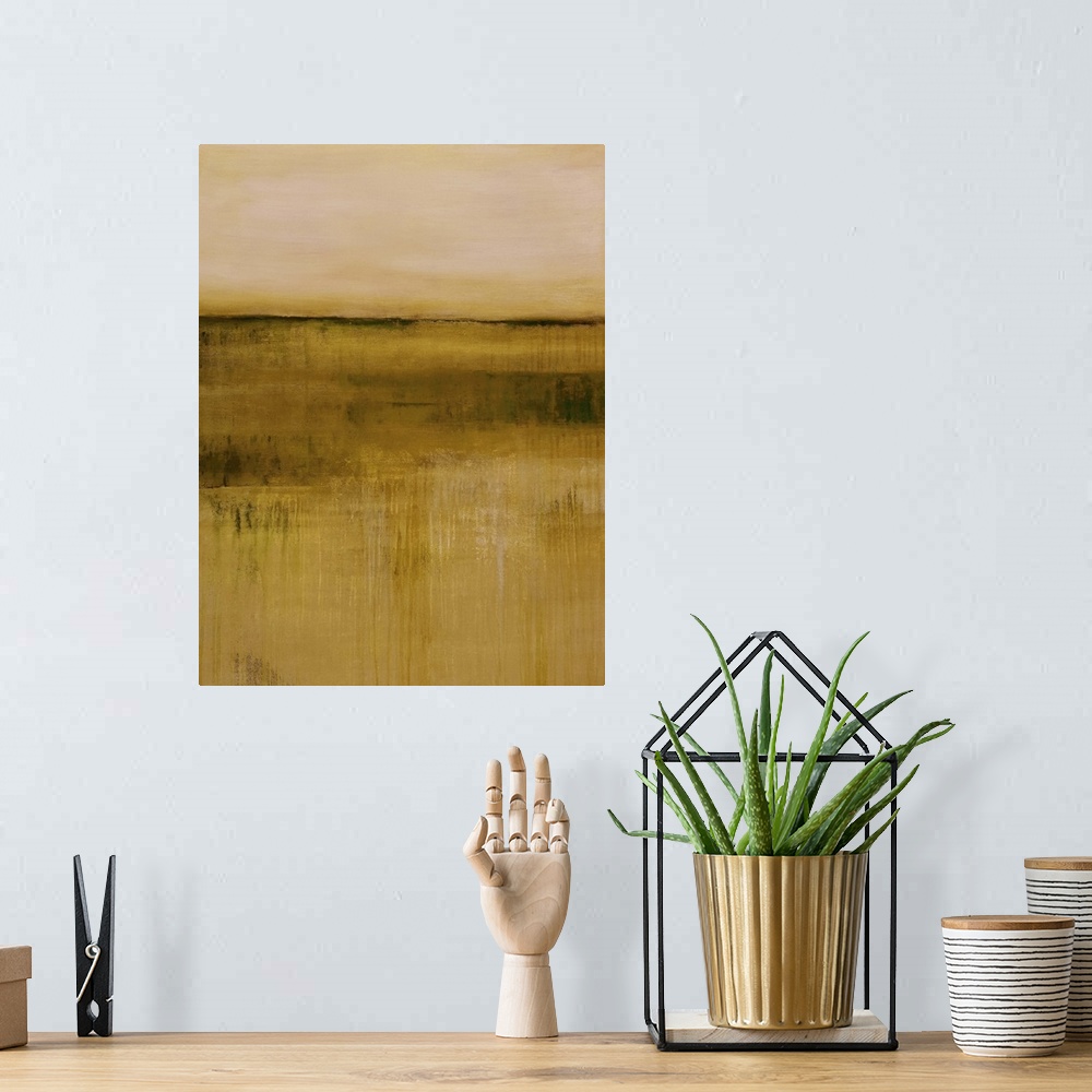A bohemian room featuring Contemporary abstract painting using golden earth tones.