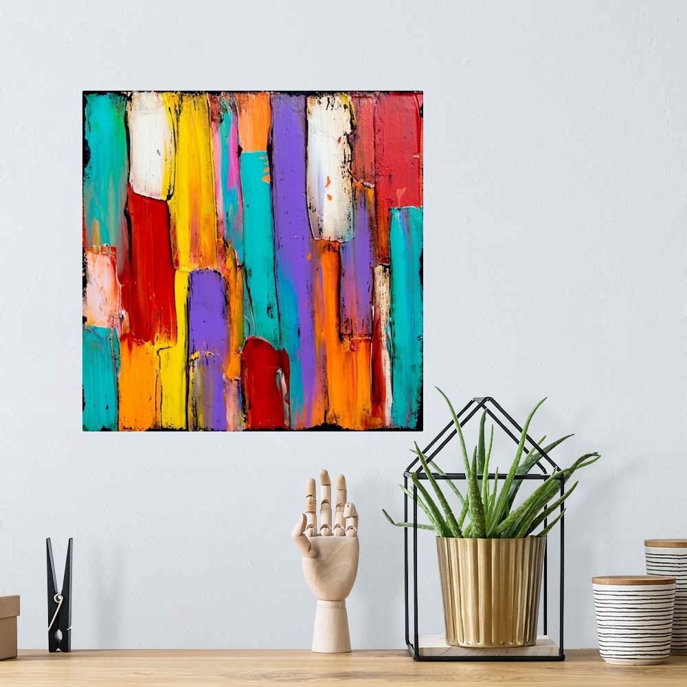 A bohemian room featuring Contemporary abstract painting with thick textured and layered brushstrokes running vertically do...