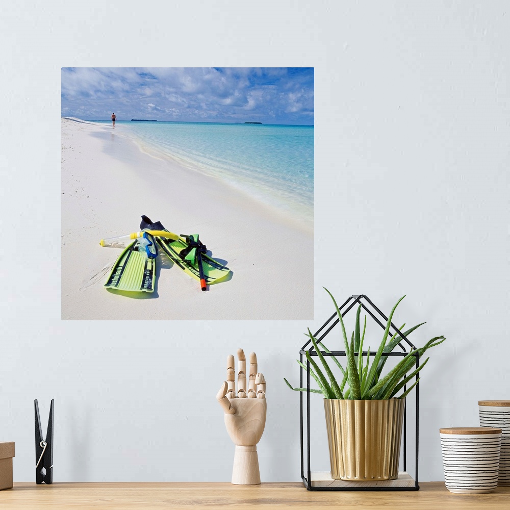 A bohemian room featuring Asia, Maldives, Flippers and diving mask on the beach