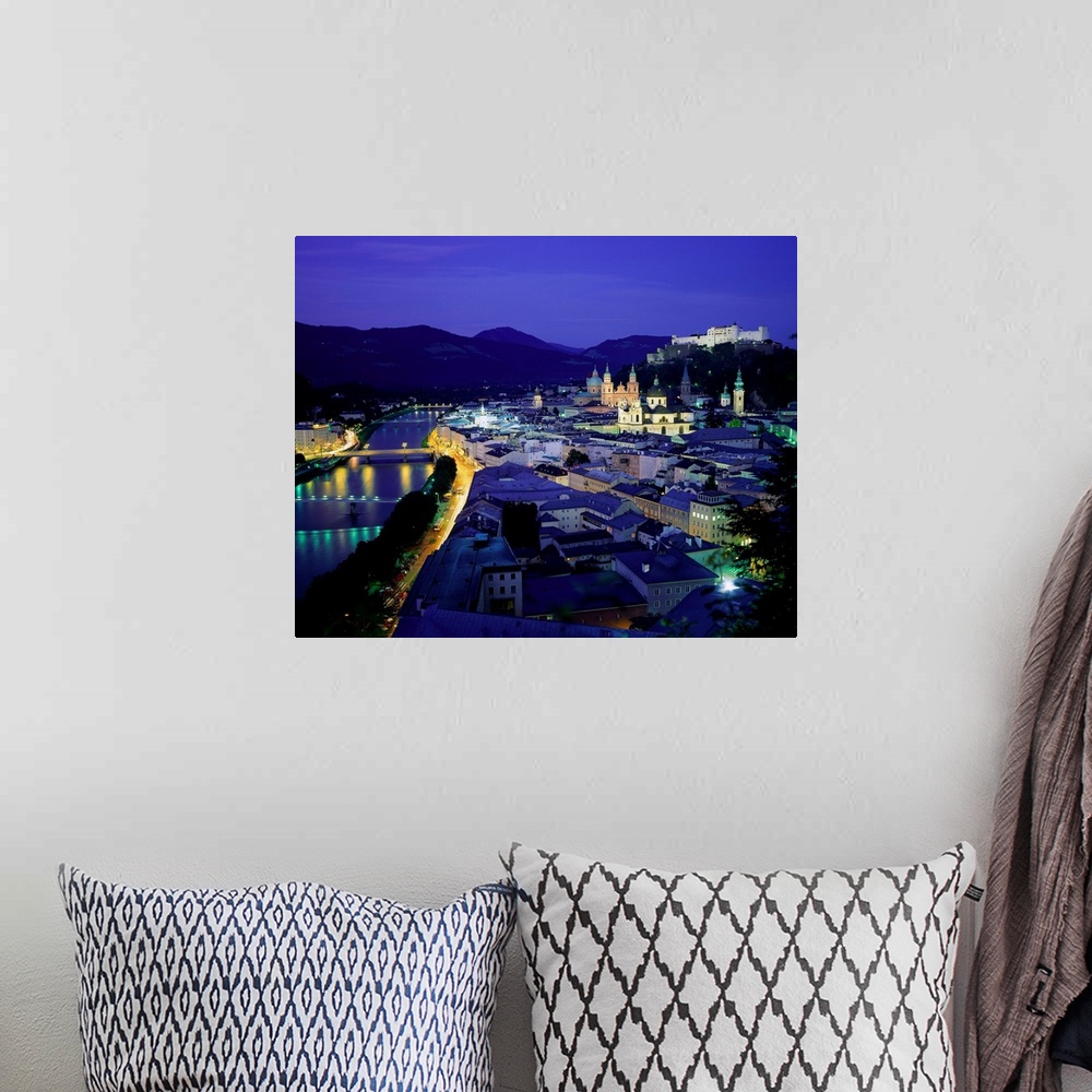 A bohemian room featuring Austria, Salzburg, Night view on Salzach river and old town