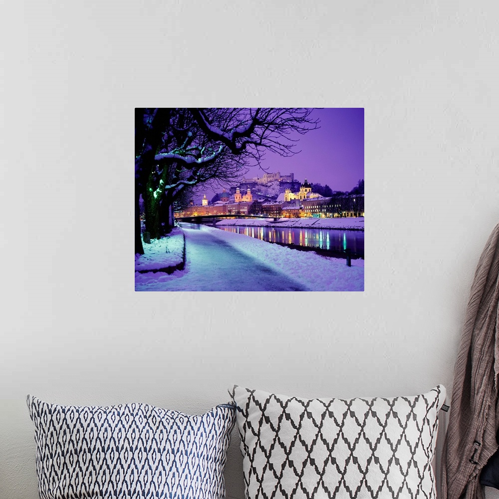 A bohemian room featuring Austria, Salzburg, Salzach river, old town and Hohensalzburg Fortress in background