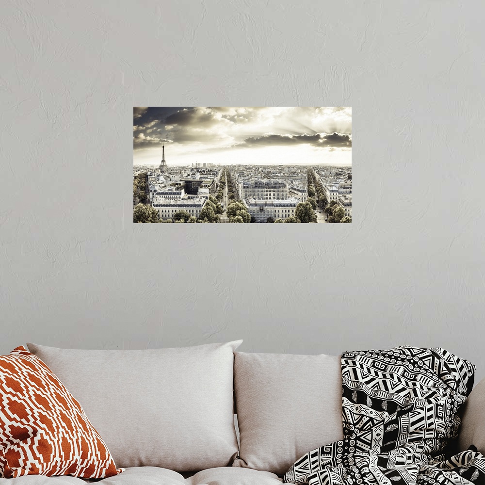 A bohemian room featuring France, Paris, Champs Elysees, Cityscape from the Arc de Triomphe, Eiffel Tower in the background...