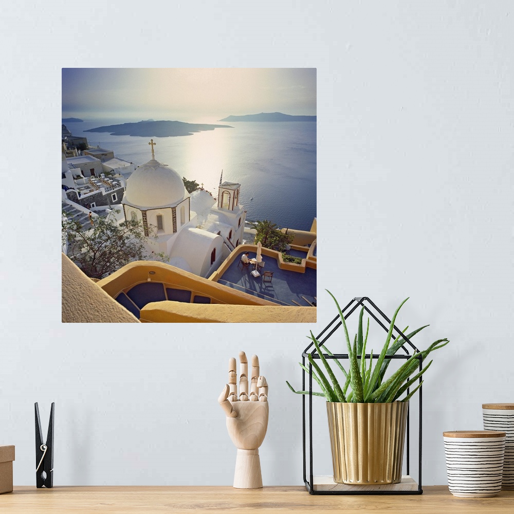 A bohemian room featuring Greece, Aegean islands, Cyclades, Santorini island, Thera, Fira, view towards the crater