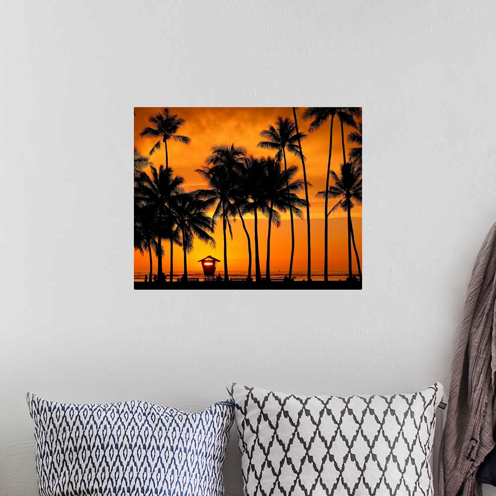 A bohemian room featuring Hawaii, Oahu, Honolulu, Waikiki beach at sunset with palm-trees