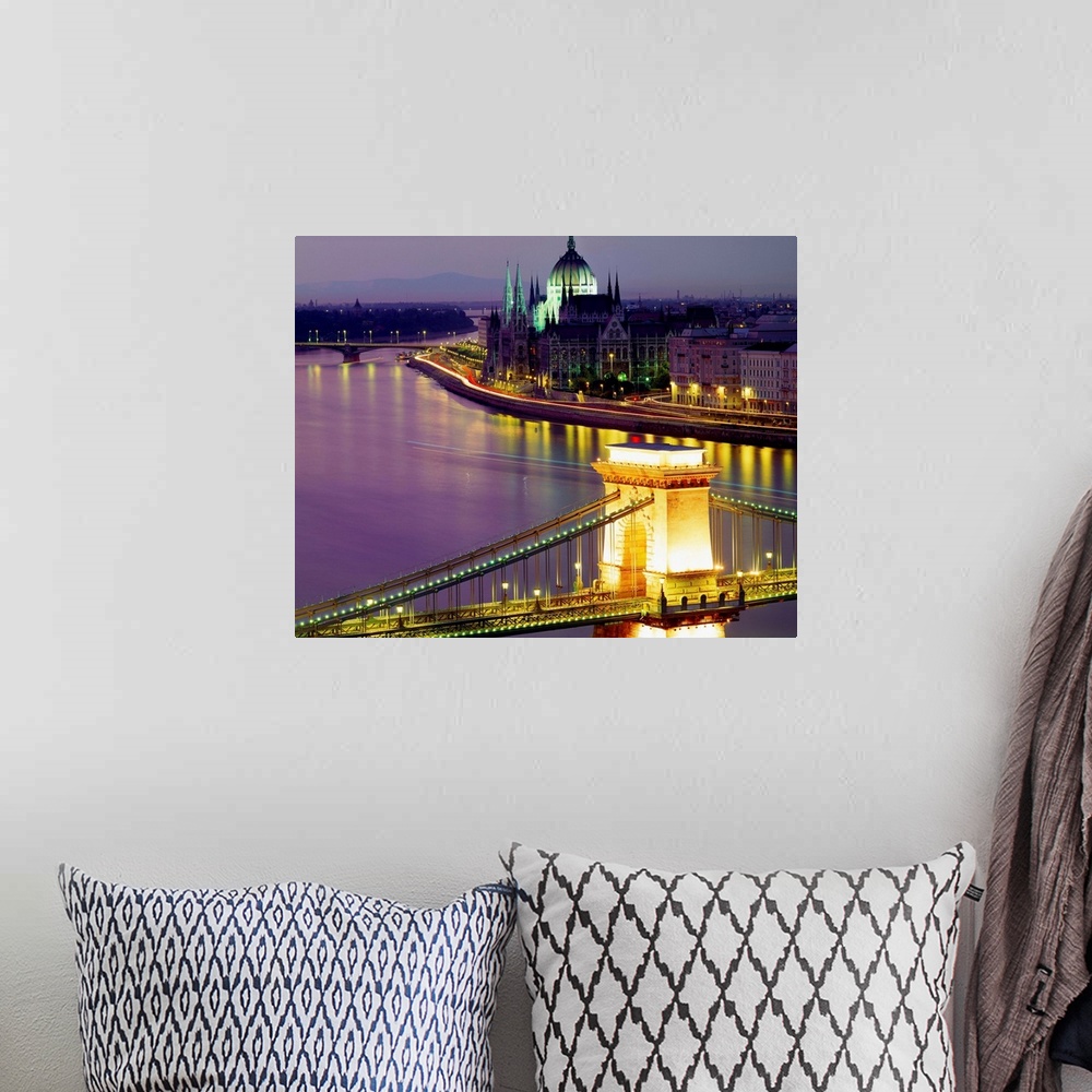A bohemian room featuring Hungary, Budapest, Chain Bridge (Szechenyi Lanchid) on Danube river and the Parliament