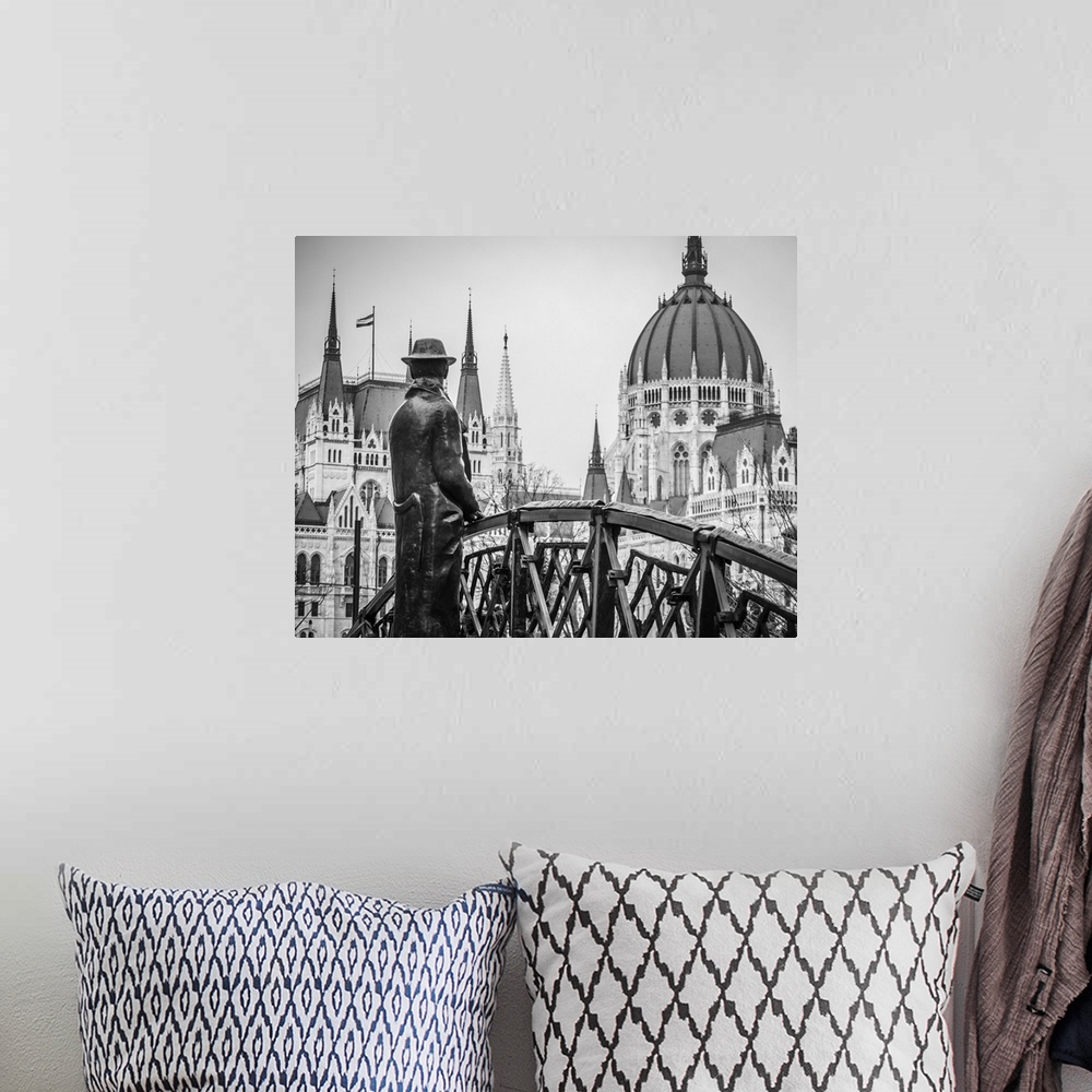A bohemian room featuring Hungary, Budapest, Bohemia, Danube, Danube valley, The Imre Nagy statue standing on his own bridg...