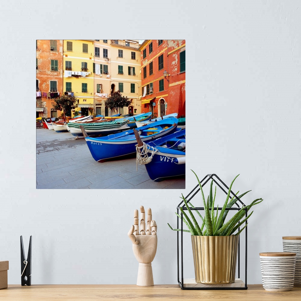 A bohemian room featuring Italy, Liguria, Cinque Terre, Vernazza, fishing boats