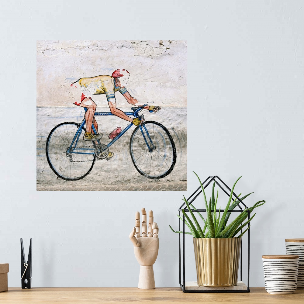 A bohemian room featuring Italy, Puglia, Gargano, Mural of a cyclist
