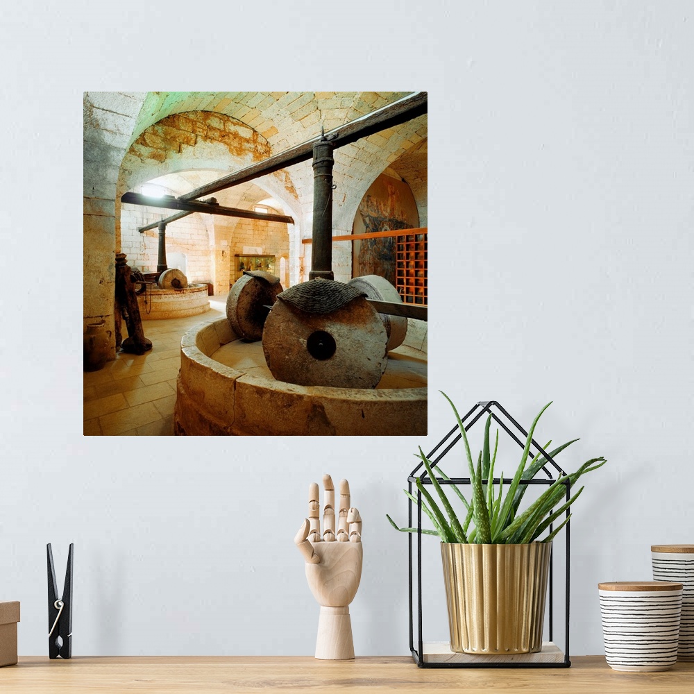 A bohemian room featuring Italy, Puglia, Santa Maria di Cerrate abbey, oil press