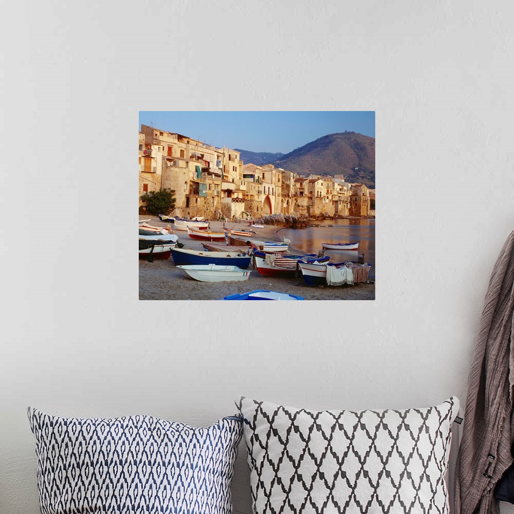 A bohemian room featuring Italy, Sicily, Palermo, Cefalu, view of the harbor
