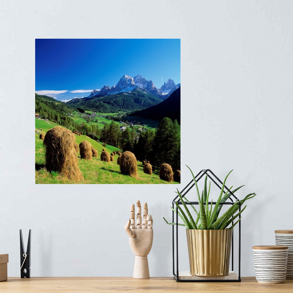 A bohemian room featuring Italy, South Tyrol, Haystacks in Sesto towards Dolomites of Sesto