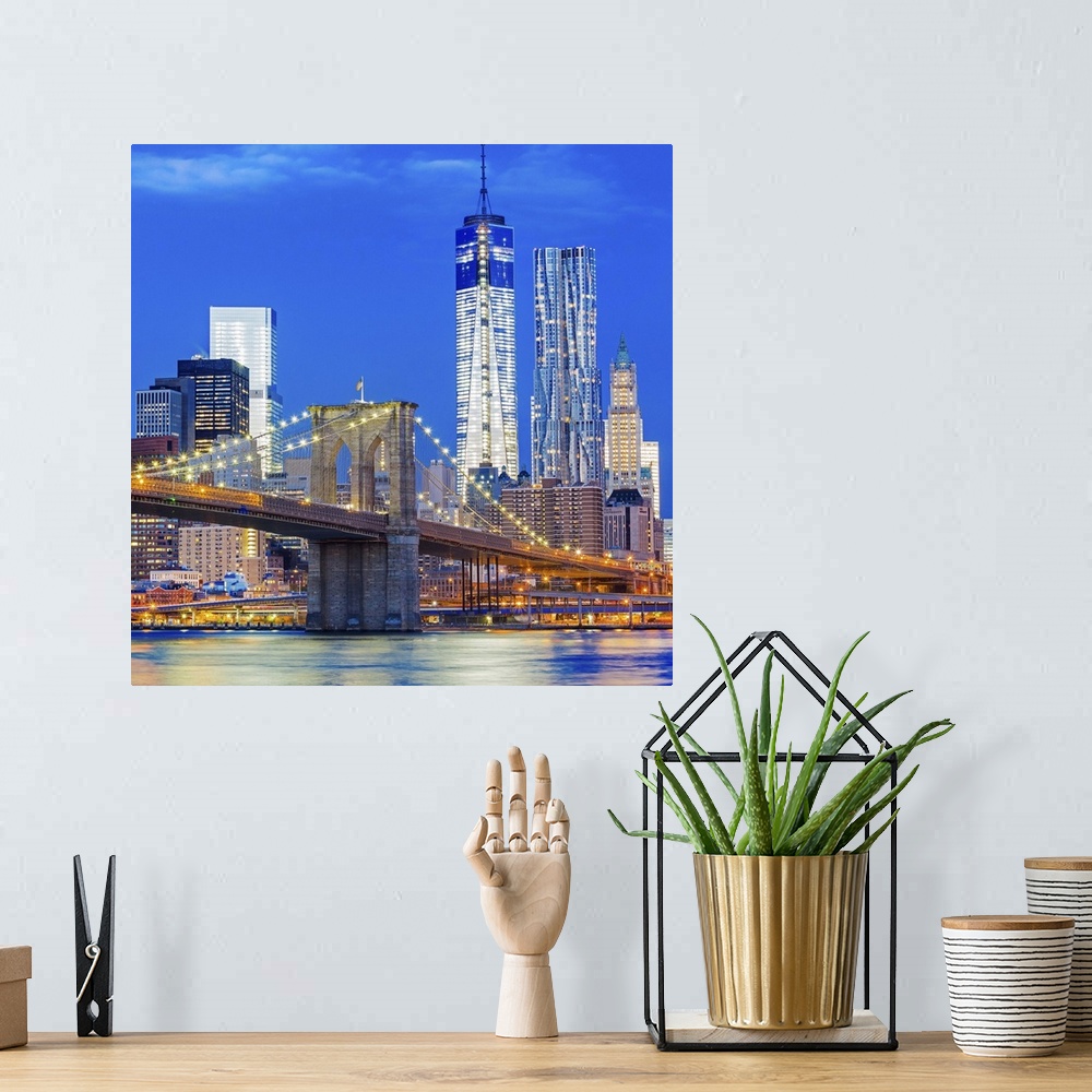A bohemian room featuring USA, New York City, East River, Manhattan, Lower Manhattan, Brooklyn Bridge, Downtown Manhattan w...