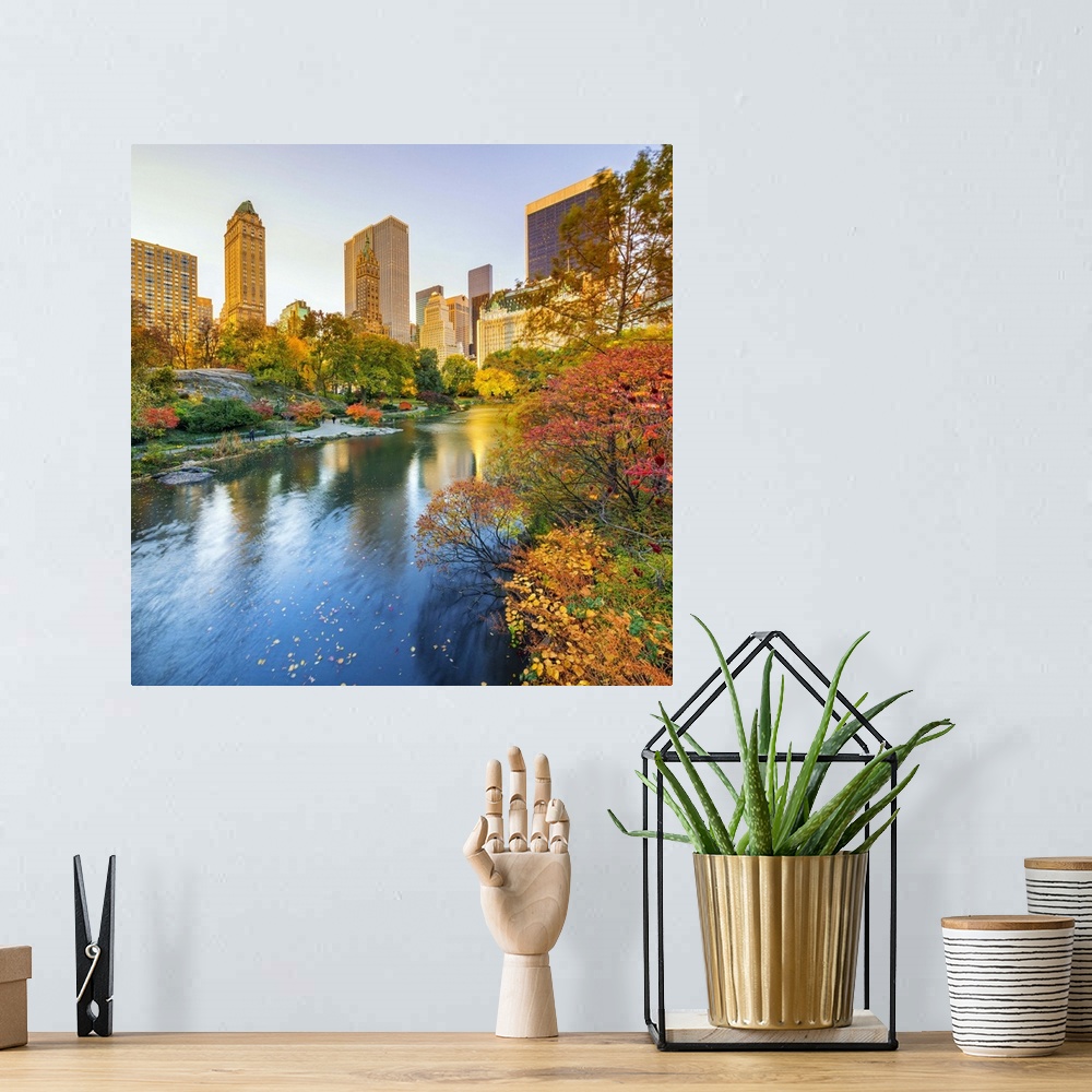 A bohemian room featuring USA, New York City, Manhattan, Central Park, The Pond, Fifth Avenue skyline in the background.