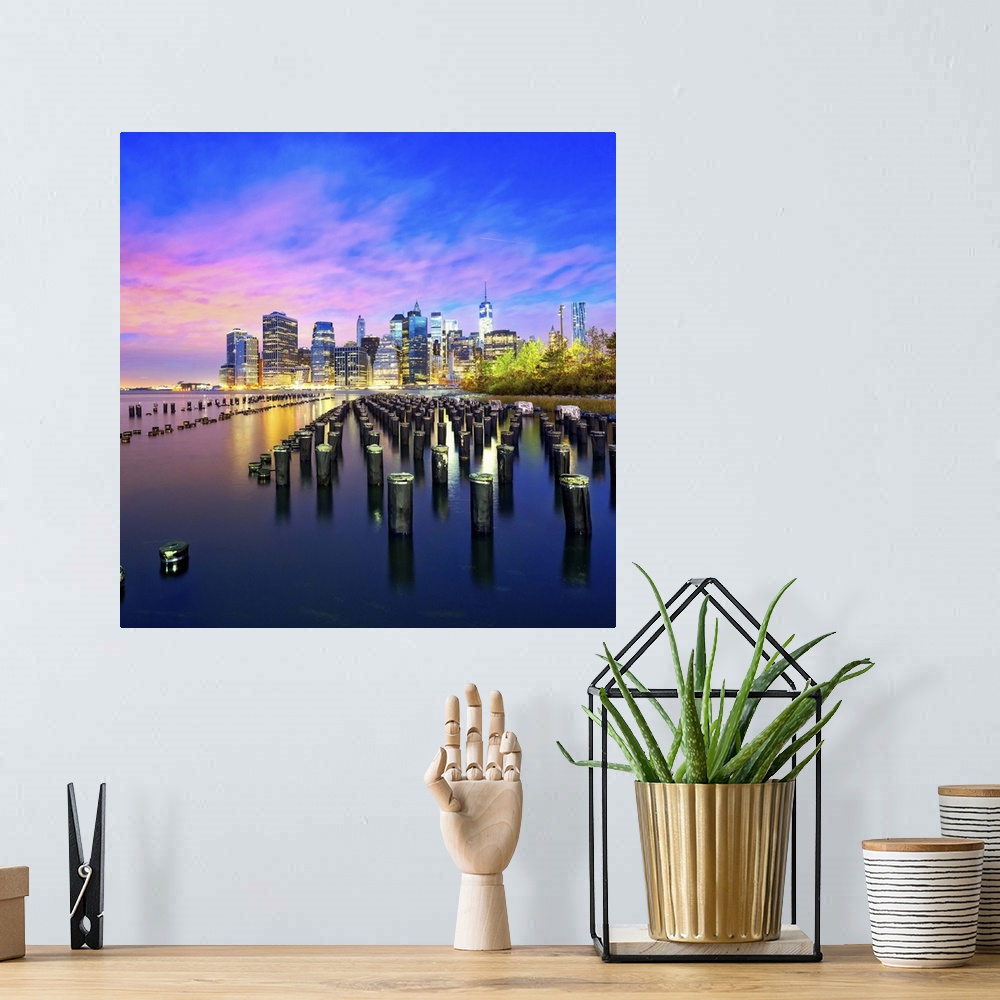 A bohemian room featuring USA, New York City, Manhattan, Lower Manhattan, Skyline with Freedom Tower at dawn, view from Bro...