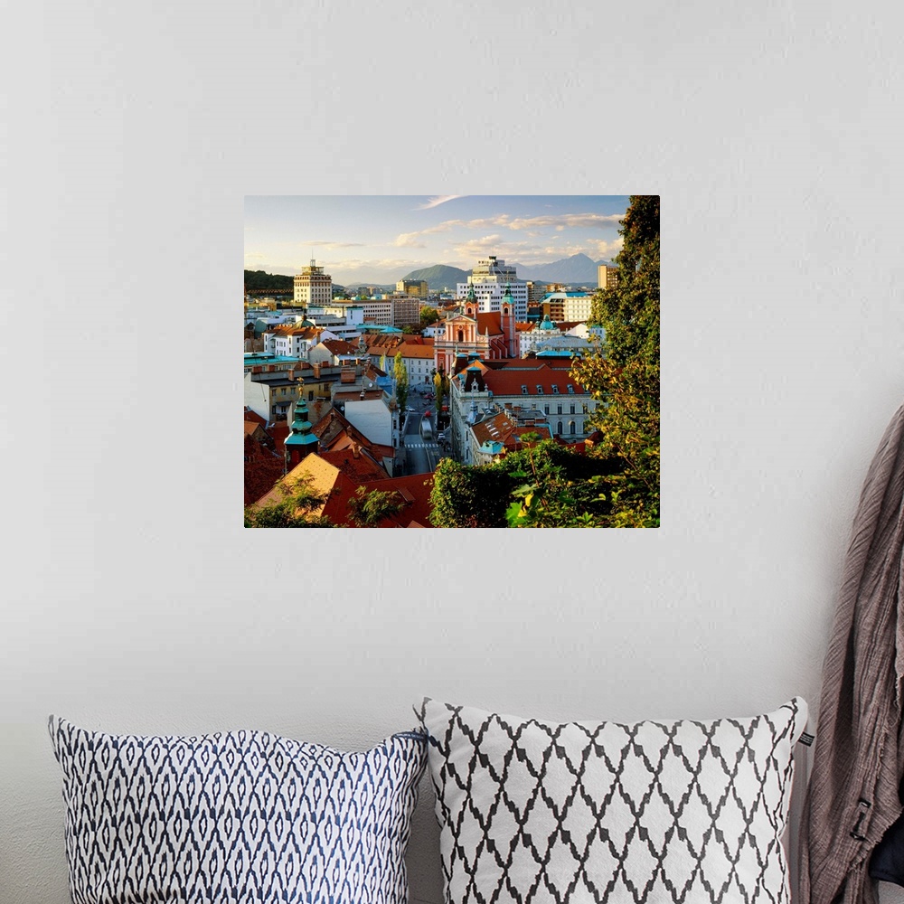A bohemian room featuring Slovenia, Ljubljana, View of the city from the castle