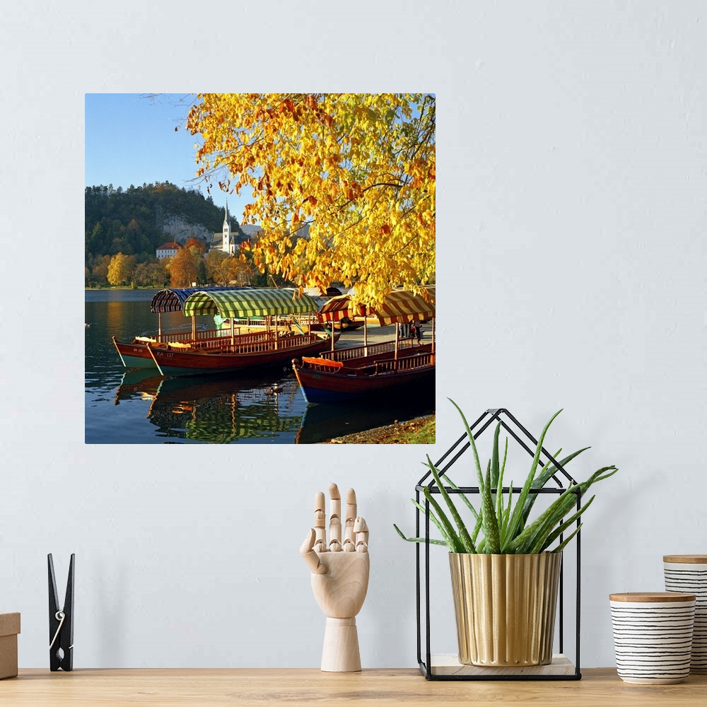A bohemian room featuring Slovenia, Upper Carniola, Alps, Julian Alps, Bled, Bled lake, typical boats