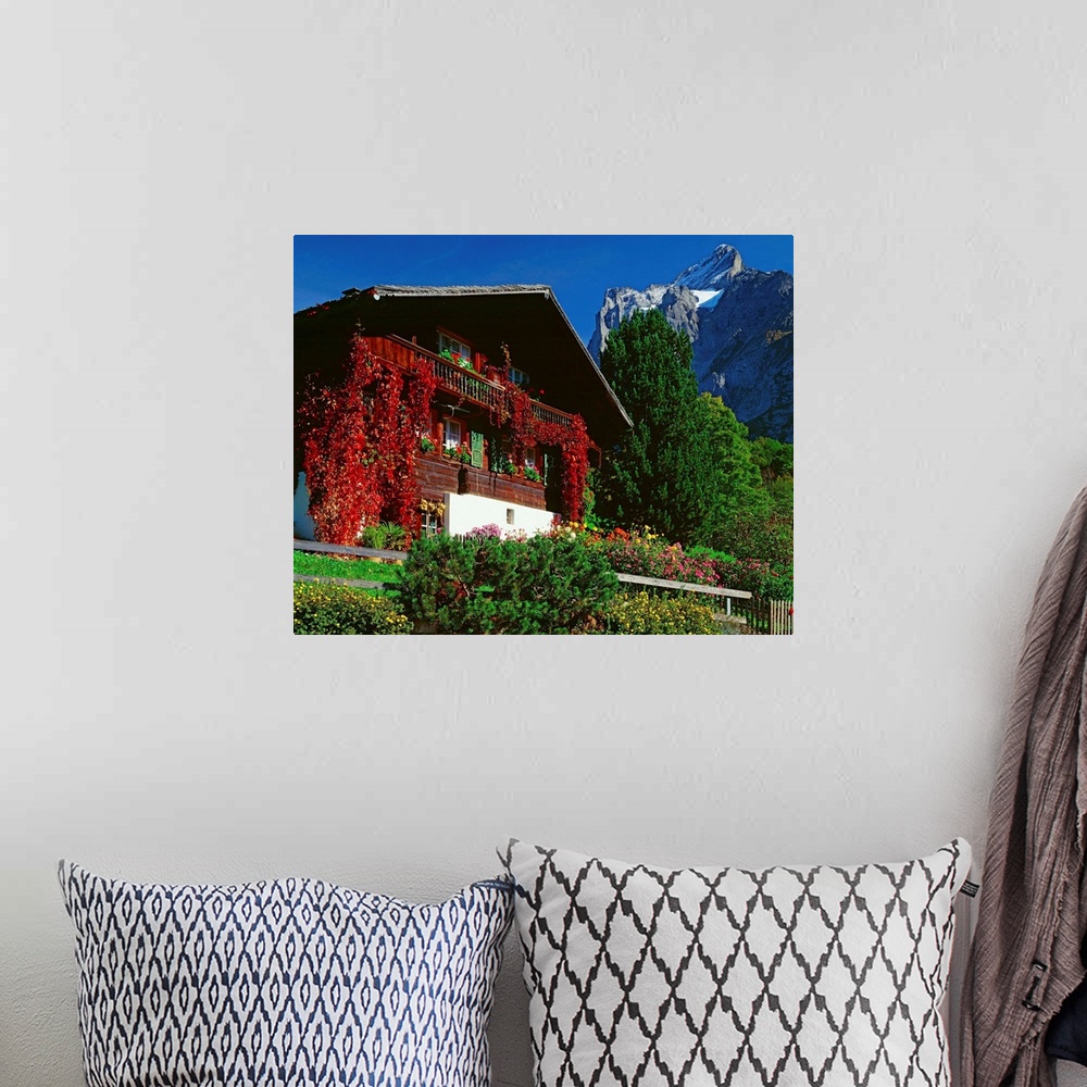 A bohemian room featuring Switzerland, Bern, typical chalet and view towards Wetterhorn mountain