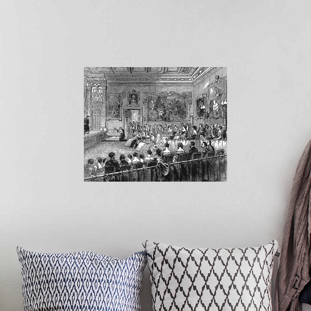 A bohemian room featuring Windsor Castle. A theater performance sponsored by Queen Victoria. Engraving. - This is a publicl...