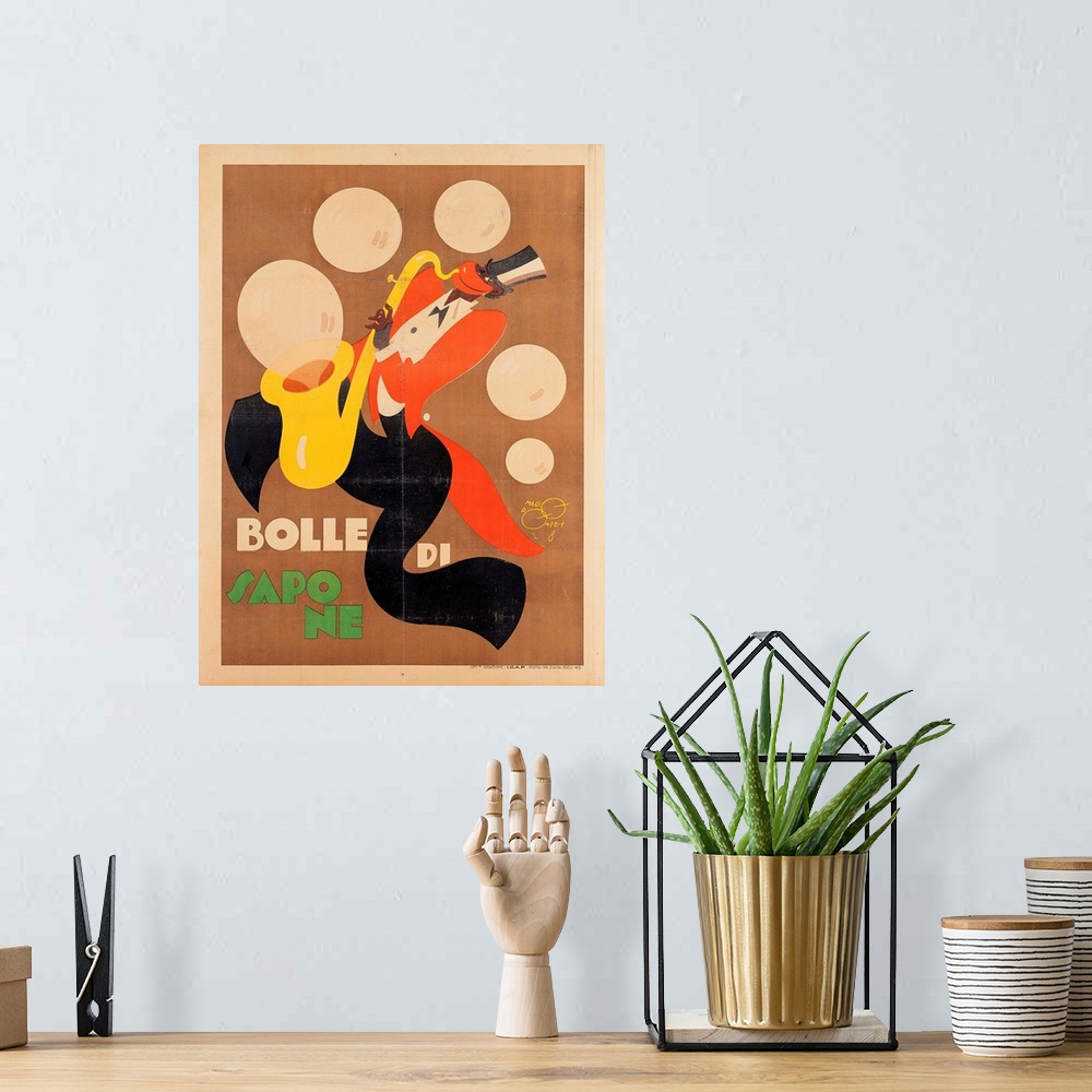 A bohemian room featuring private collection. Advertising poster soap bubbles saxophone black red brown. (160000) Everett C...