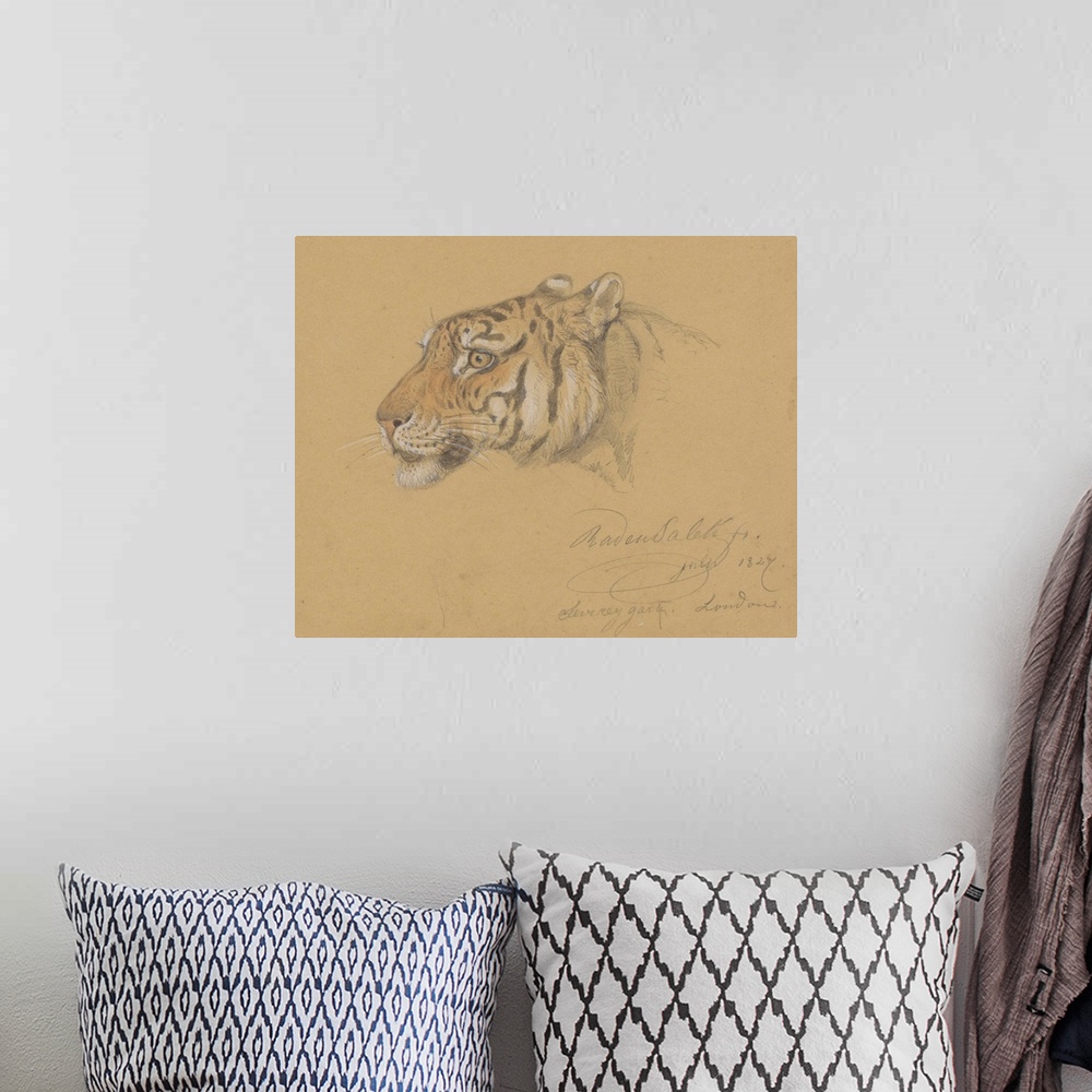 A bohemian room featuring Head of a Tiger, by Raden Saleh, 1847, Indonesian water color painting.