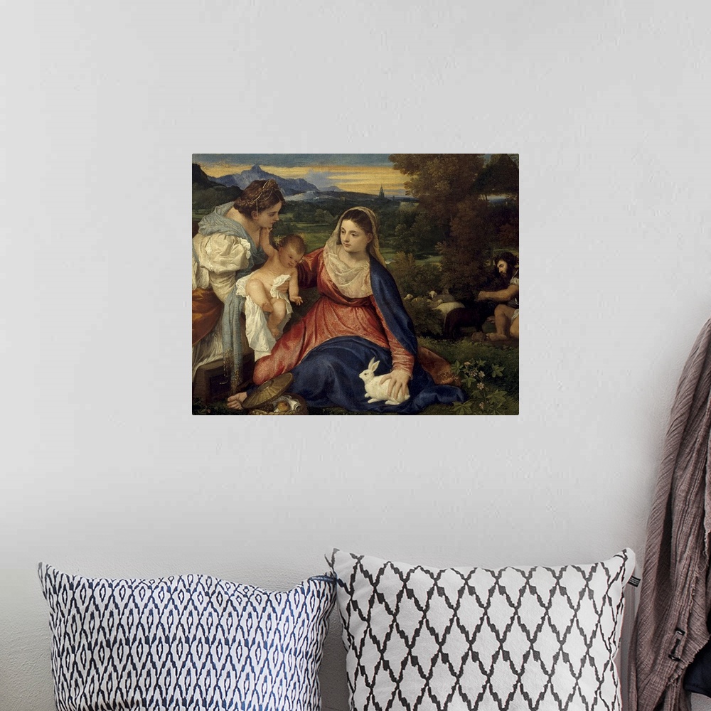 A bohemian room featuring 4206, Titian, Italian School. Madonna and Child with St. Catherine, also known as The Virgin with...