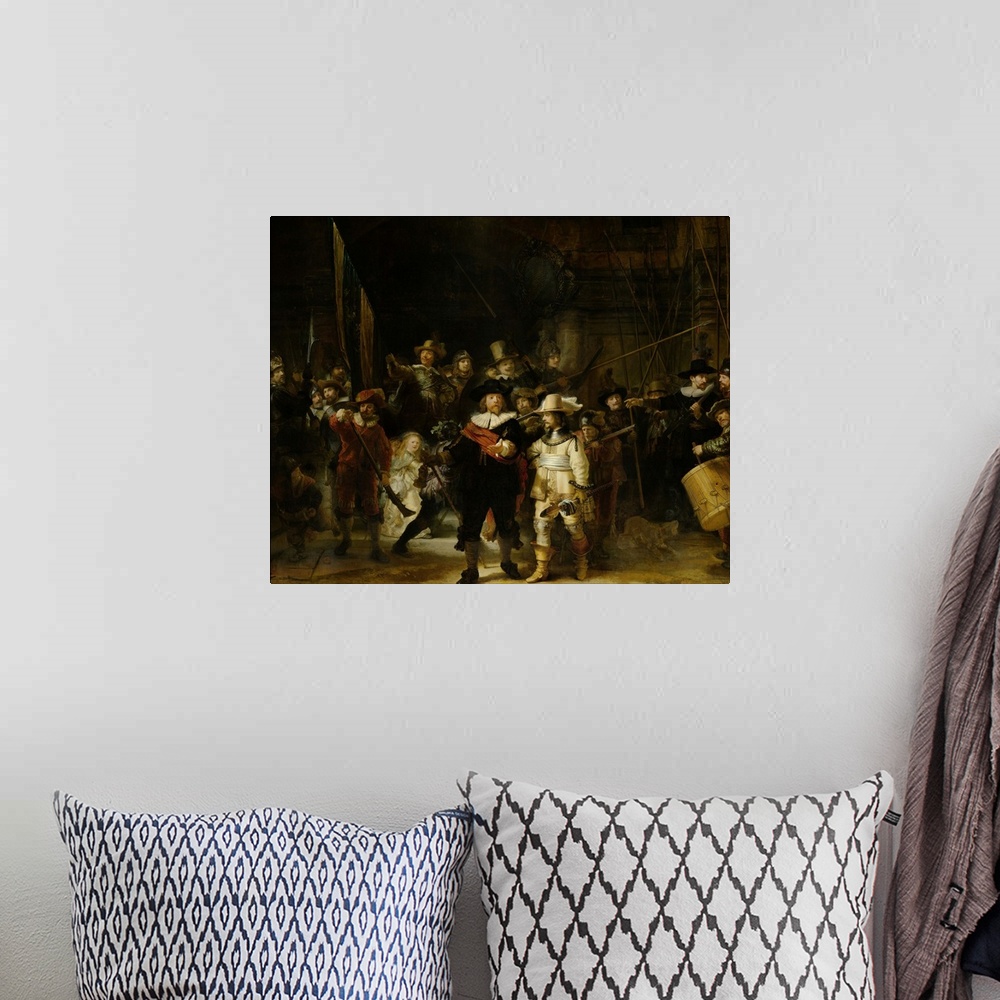 A bohemian room featuring Night Watch, by Rembrandt van Rijn, 1642, Dutch painting, oil on canvas. The painting, originally...