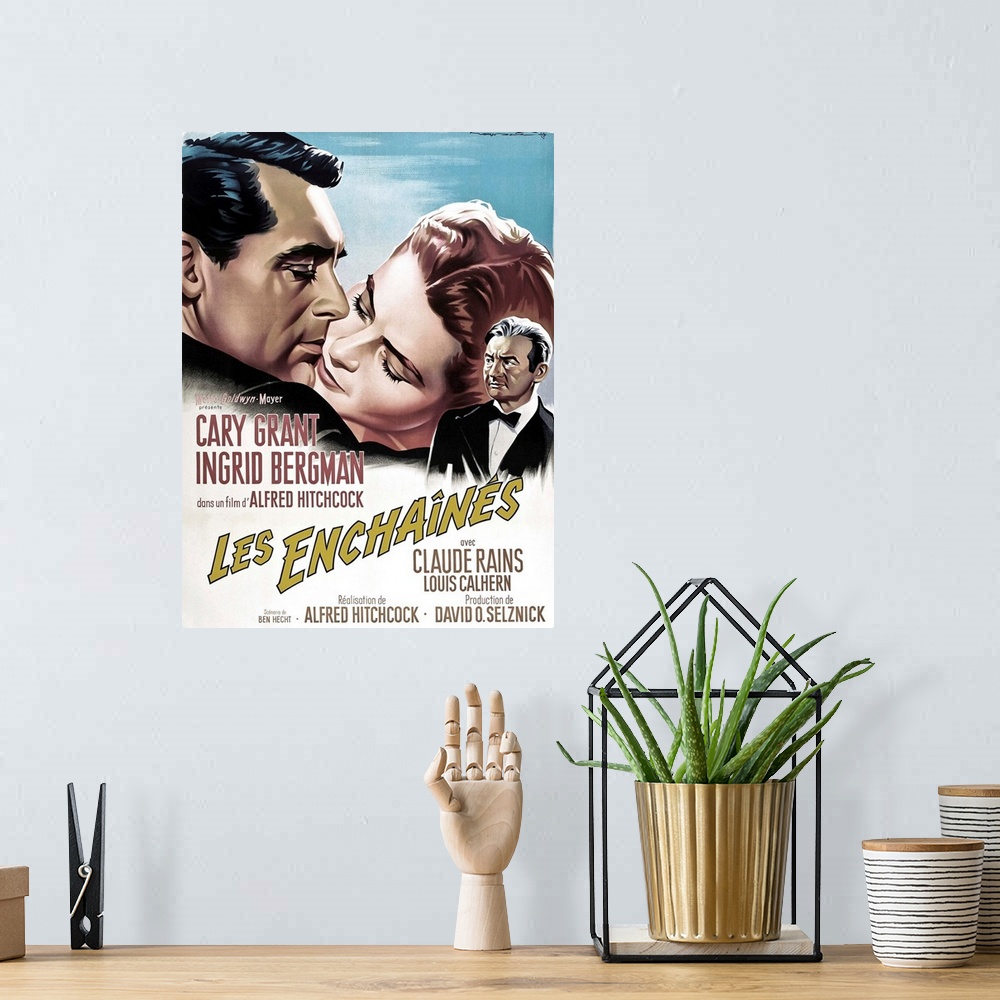 A bohemian room featuring Notorious, French 1963 Re-Release Poster Art, Cary Grant, Ingrid Bergman, Claude Rains, 1946.
