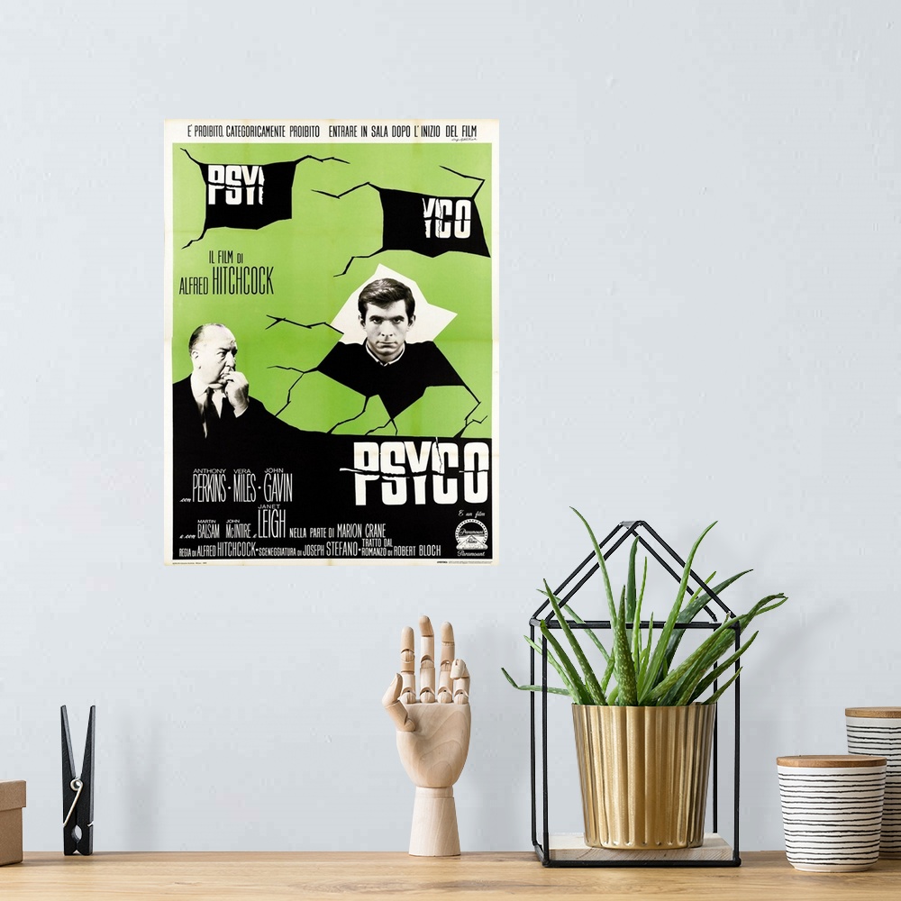 A bohemian room featuring Psycho, From Left: Alfred Hitchock, Anthony Perkins On Italian Poster Art, 1960.