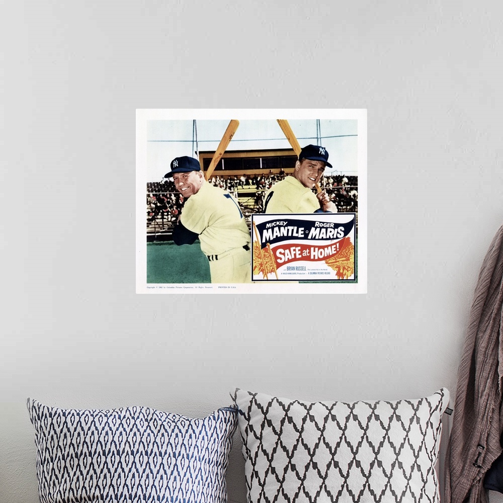 A bohemian room featuring Safe At Home!, From Left, Mickey Mantle, Roger Maris, 1962.