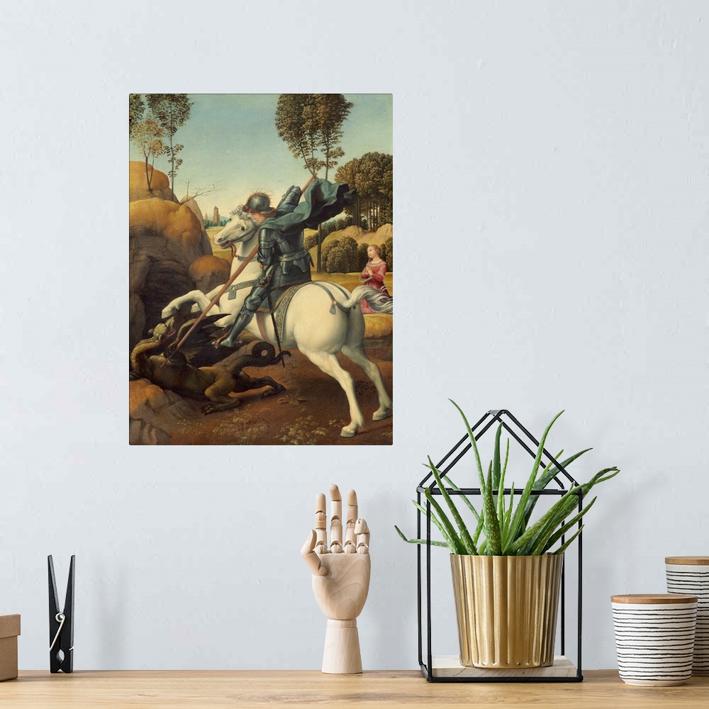A bohemian room featuring Saint George and the Dragon, by Raphael, c. 1506, Italian Renaissance painting, oil on panel. Geo...
