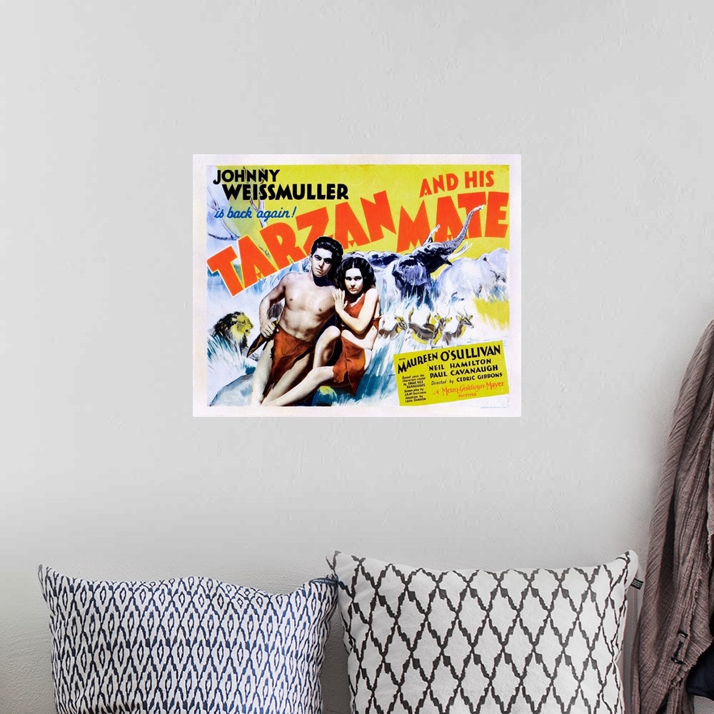 A bohemian room featuring Tarzan And His Mate, US Poster, From Left: Johnny Weissmuller, Maureen O'sullivan, 1934.