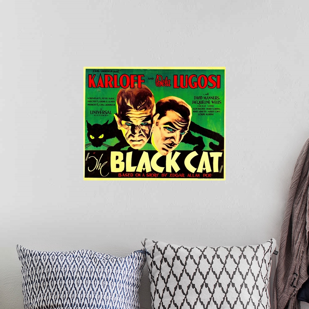 A bohemian room featuring The Black Cat - Vintage Movie Poster