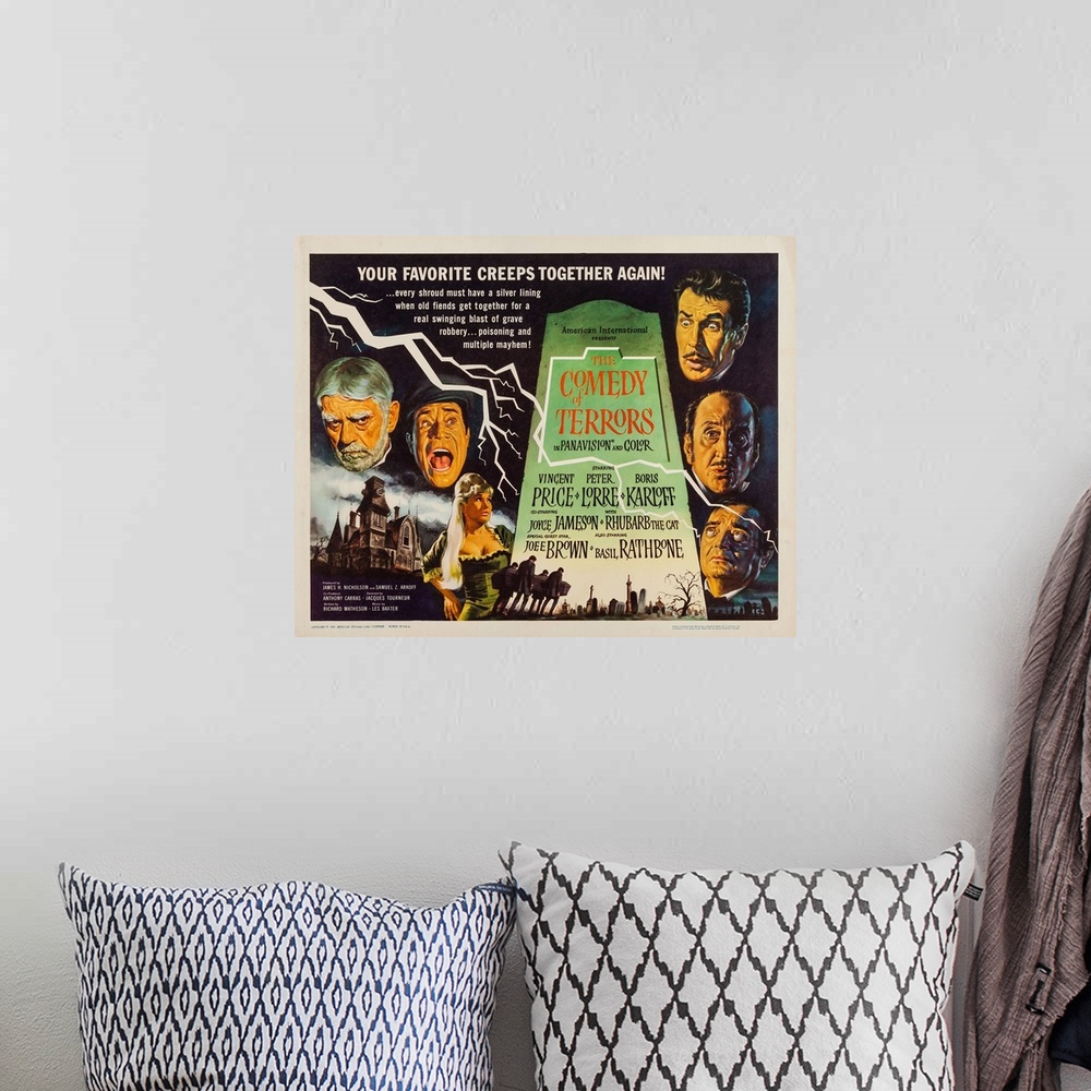 A bohemian room featuring The Comedy Of Terrors, US Poster Art, Clockwise From Left: Boris Karloff, Joe E. Brown, Joyce Jam...