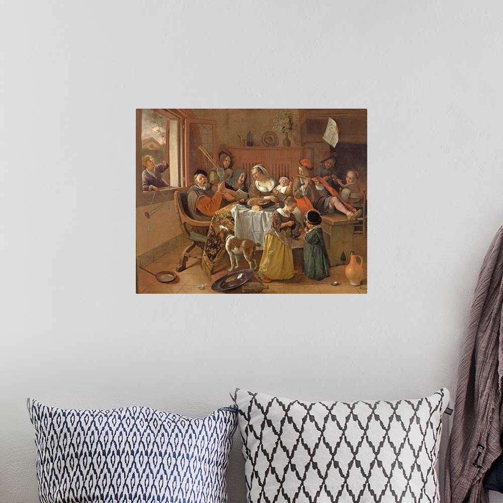 A bohemian room featuring The Merry Family, by Jan Steen, 1668, Dutch painting, oil on canvas. The father sings while raisi...