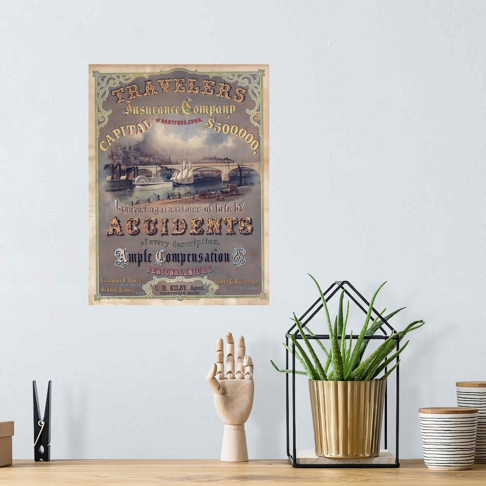A bohemian room featuring Travelers Insurance Company - Vintage Poster