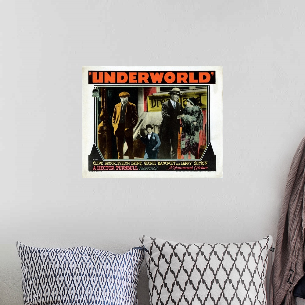 A bohemian room featuring Underworld, US Lobbycard, Clive Brook, Larry Semon, George Bancroft, Evelyn Brent, 1927.