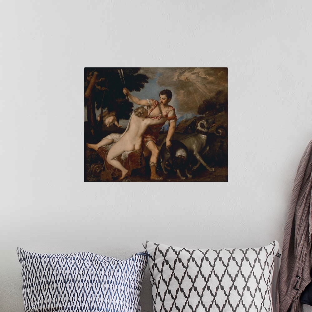 A bohemian room featuring Venus and Adonis, by Titian, c. 1555, Italian Renaissance painting, oil on canvas. The goddess Ve...