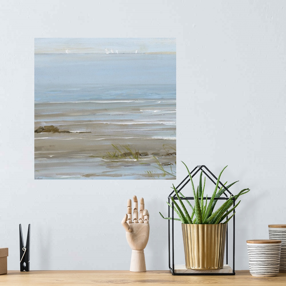 A bohemian room featuring Contemporary square painting of an ocean scene with sailboats in the distance and the tide coming...