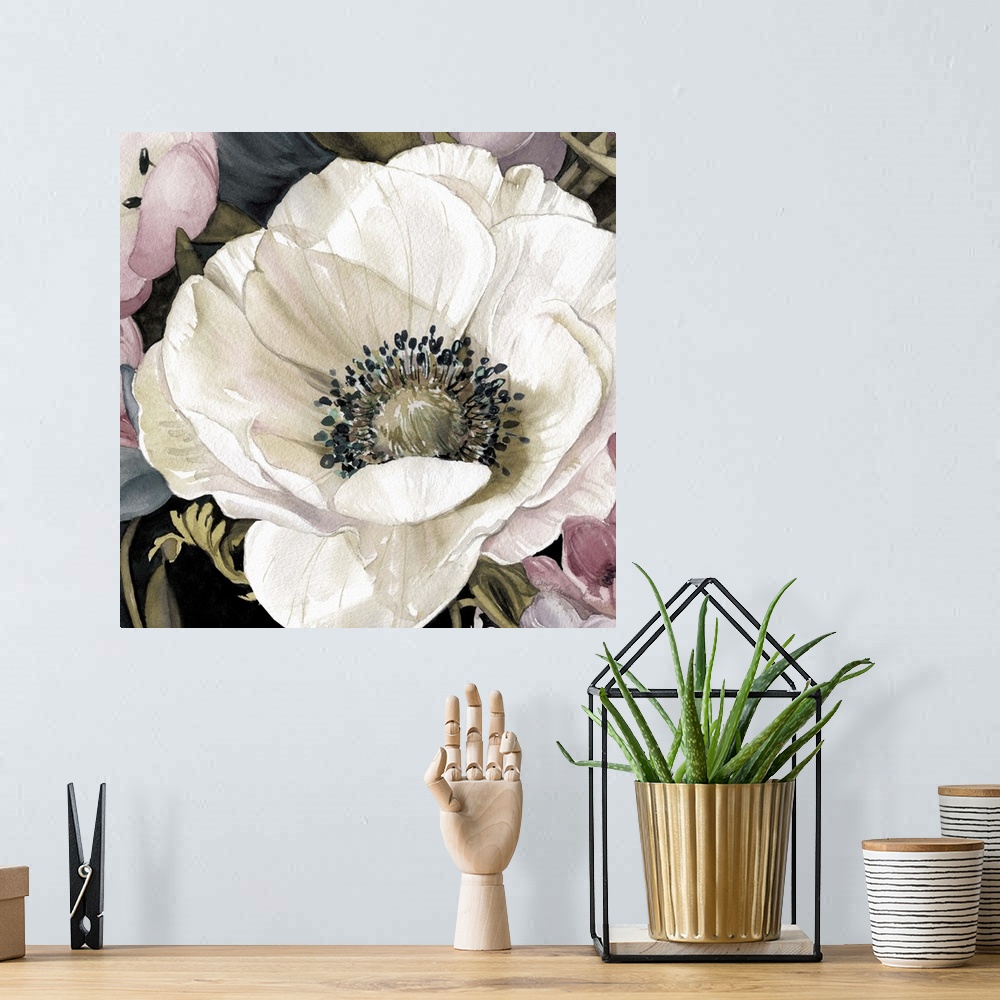 A bohemian room featuring A watercolor painting of a white anemone flower close-up with different colored flowers around it.