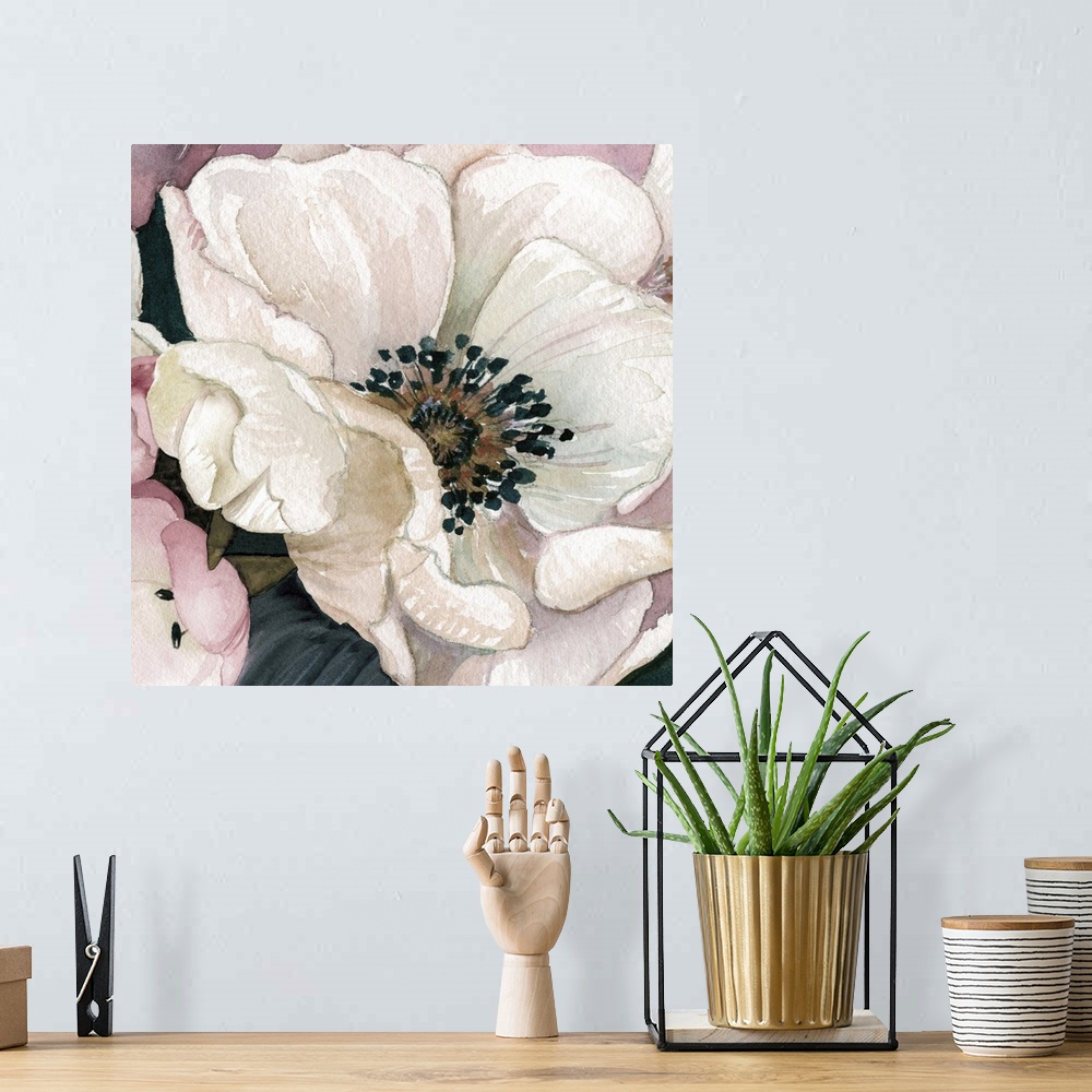 A bohemian room featuring Close-up painting of a white anemone with pink petals surrounding it, on a square background.