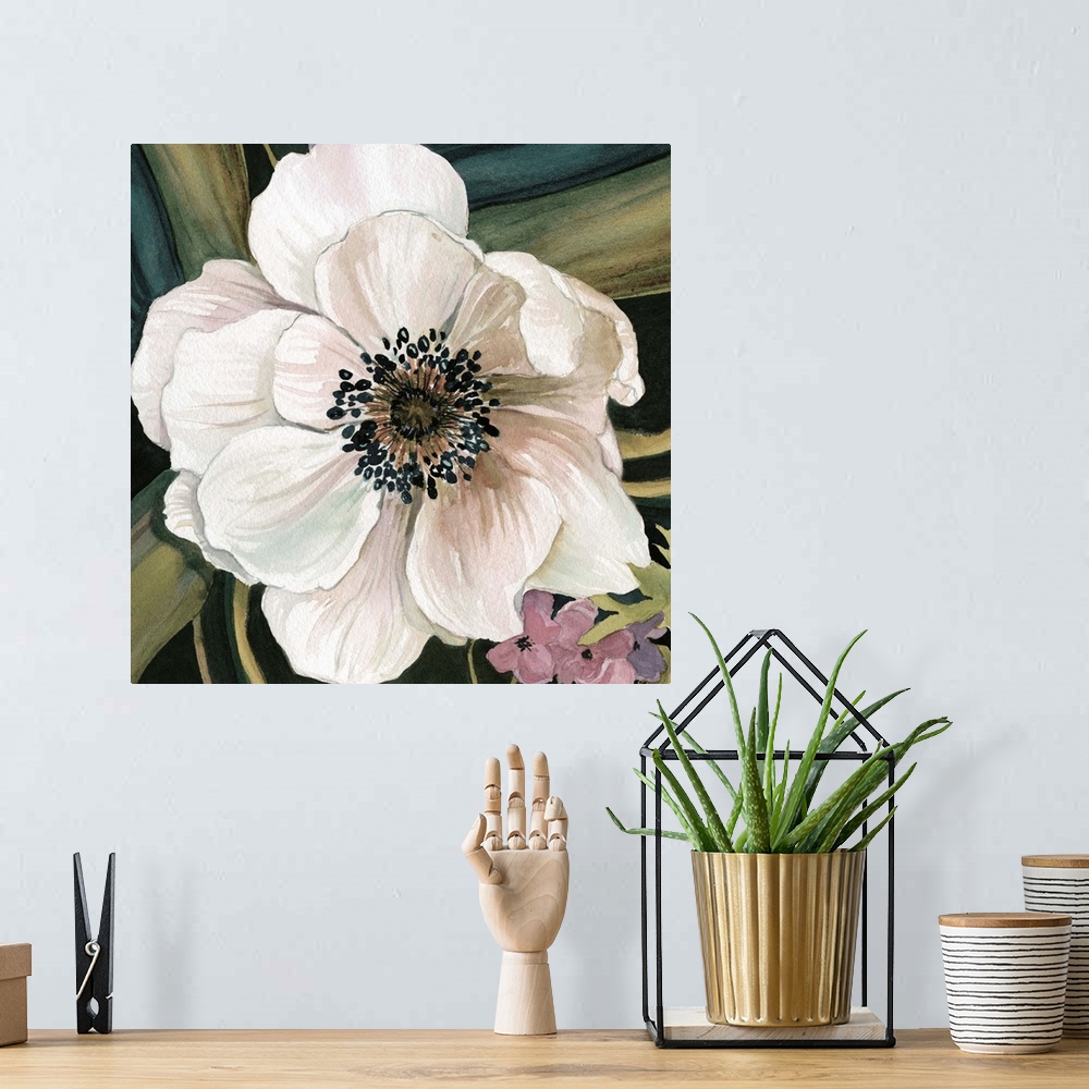 A bohemian room featuring Square watercolor painting of a white anemone flower with a leafy blue and green background.