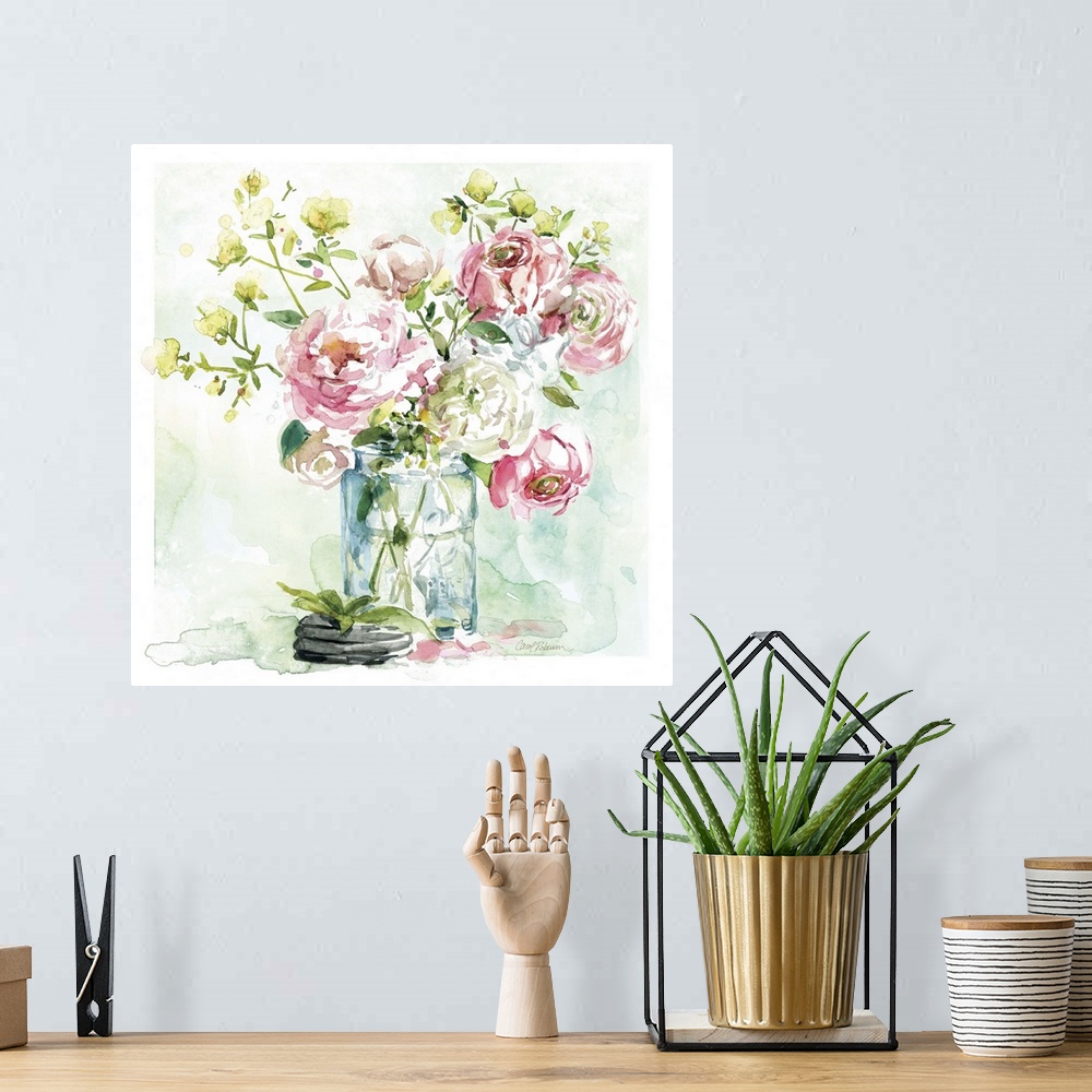 A bohemian room featuring A still life watercolor of a bouquet of flowers in a mason jar.