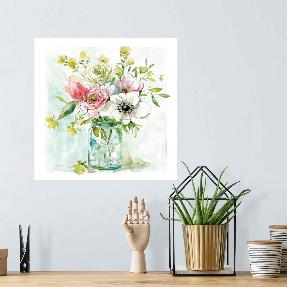 A bohemian room featuring A still life watercolor of a bouquet of flowers in a mason jar.