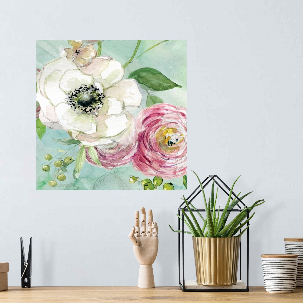 A bohemian room featuring A watercolor of white and pink flowers on a light blue background.